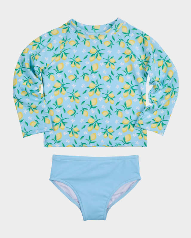 Girl's Lemon-Print Rashguard Two-Piece Swimsuit, Size 2-6
